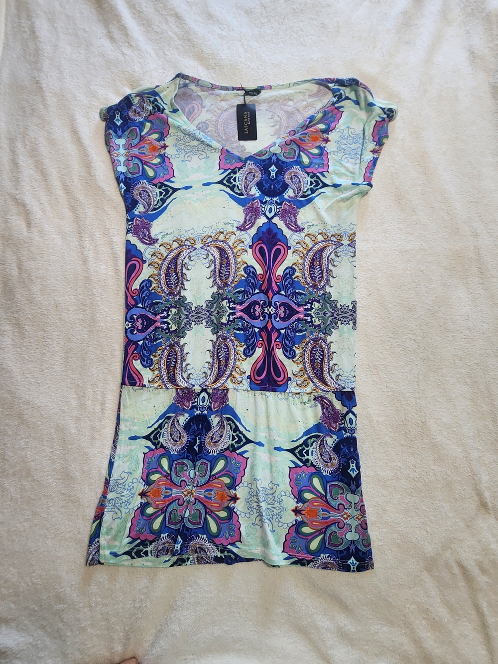 NWT LASCANA Paisley Print Mini Dress Size Small Blue Purple Summer Beach Tunic